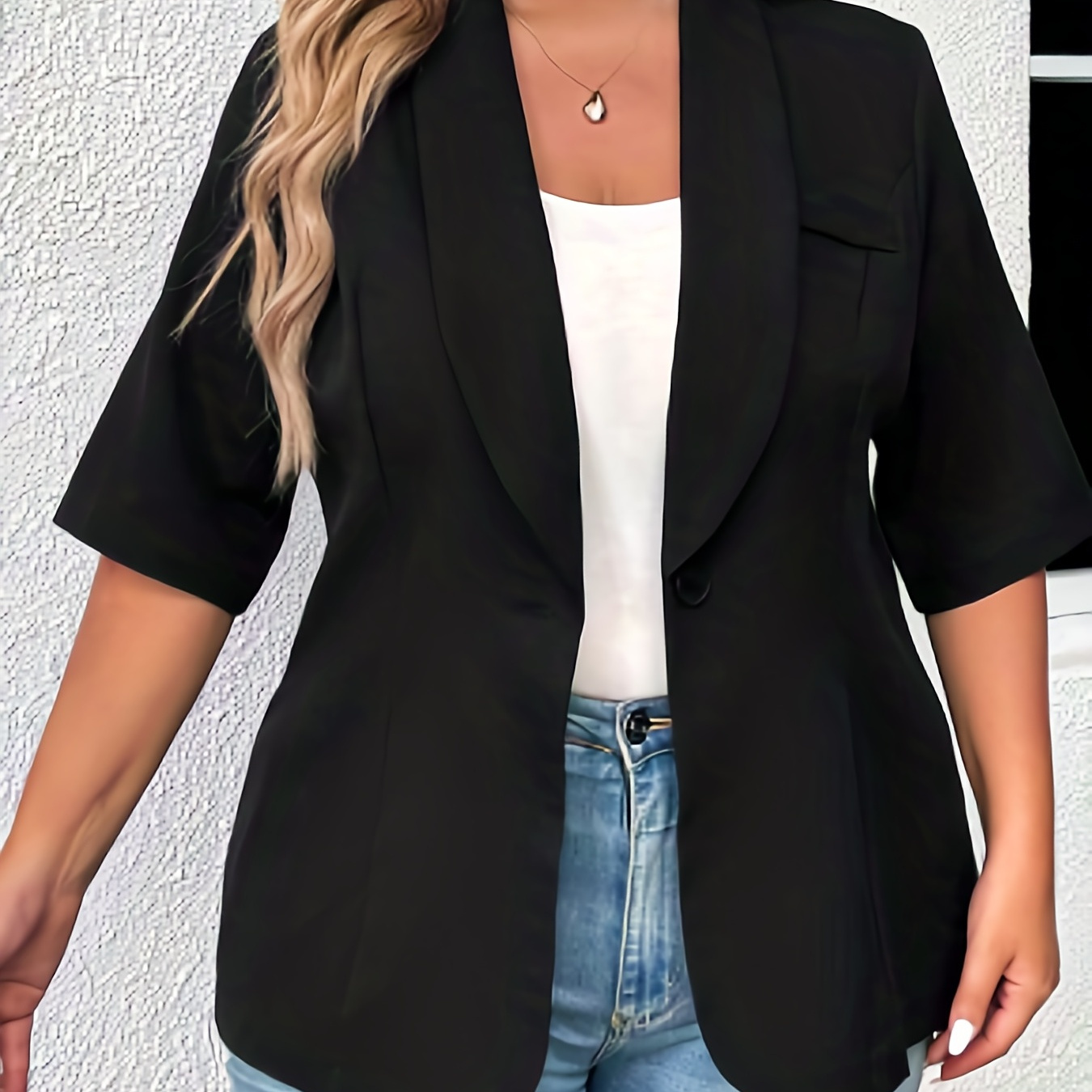 Plus Size Casual Blazer, Women's Plus Solid Half Sleeve Shawl Neck Open Front Blazer