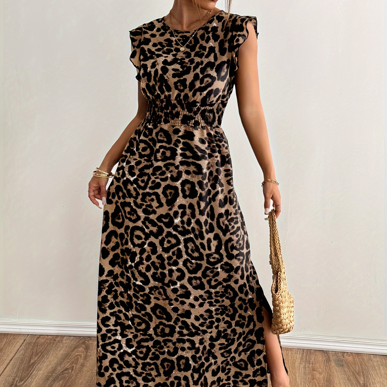 

Leopard Print Flutter Sleeve Dress, Vacation Crew Neck Waist Dress, Women's Clothing