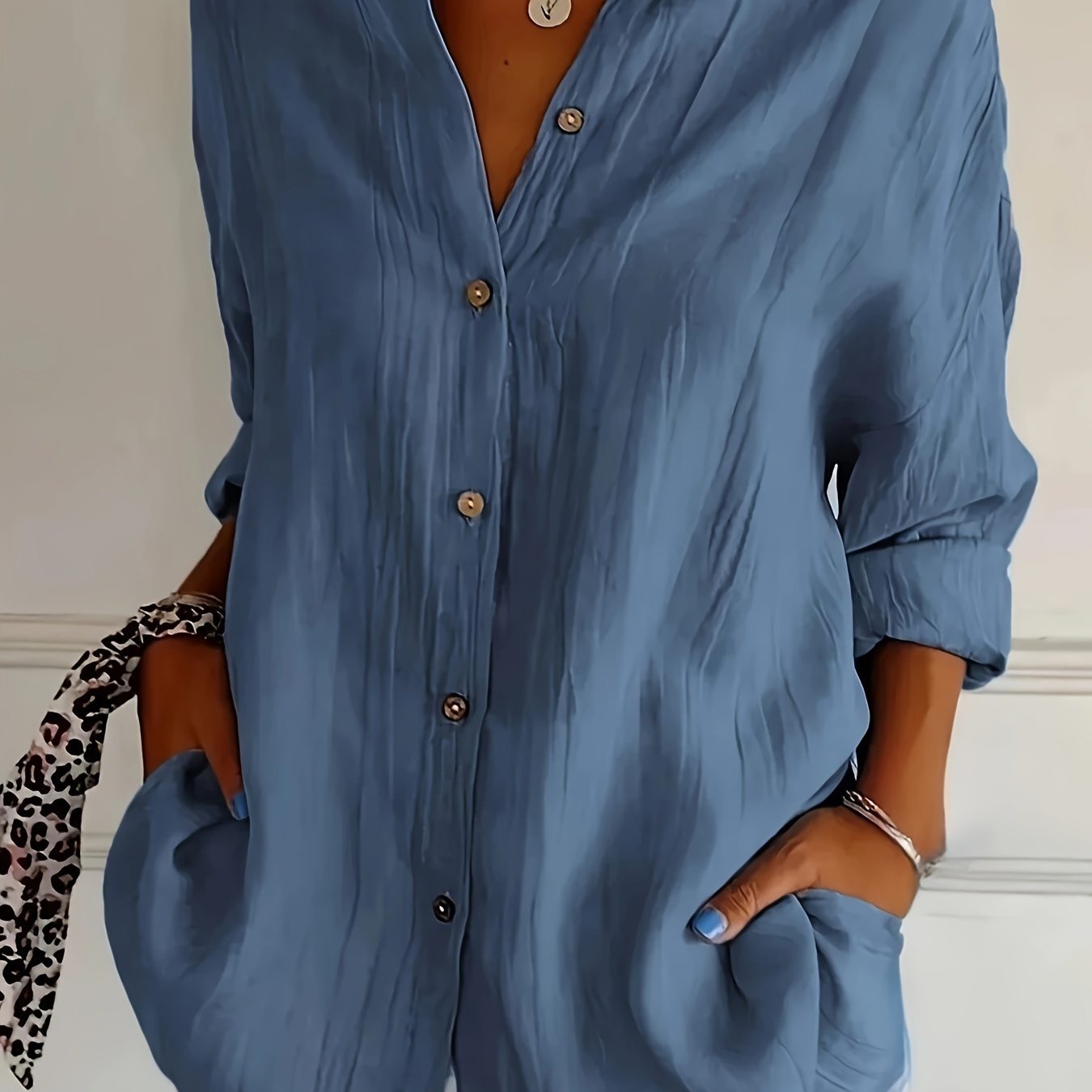 

Women's Casual Button-up Shirt With Sleeves - Solid Color, Polyester, Machine Washable - Spring/summer/fall