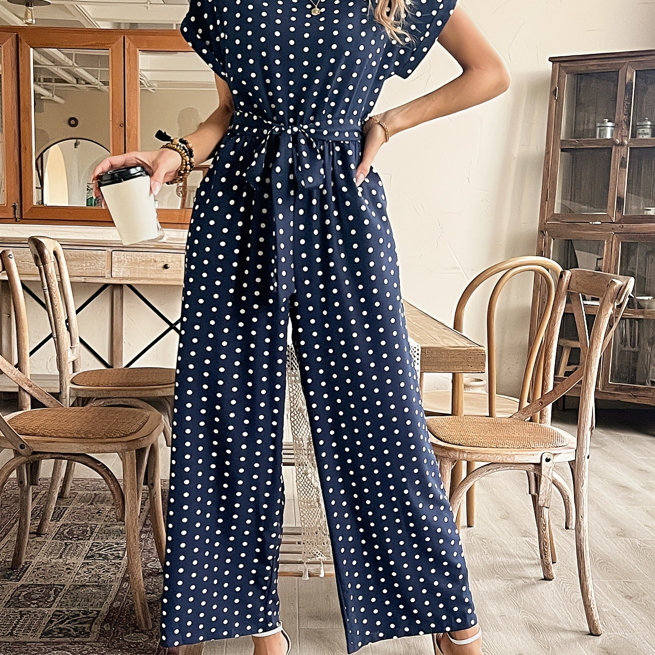 

Polka Dot Pattern Jumpsuit, Elegant Short Sleeve Wide Leg Jumpsuit For Spring & Summer, Women's Clothing