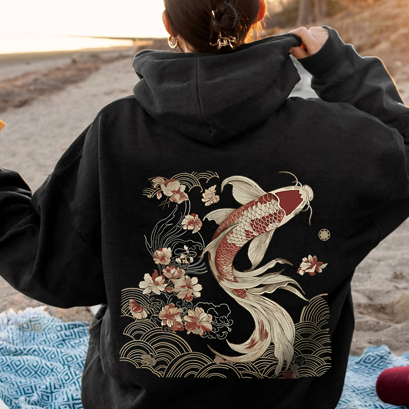 

[stretch ] Women's Fashionable Fish Print Hoodie - Casual Polyester Pullover With , Machine Washable, Beach |koi |polyester Hoodie