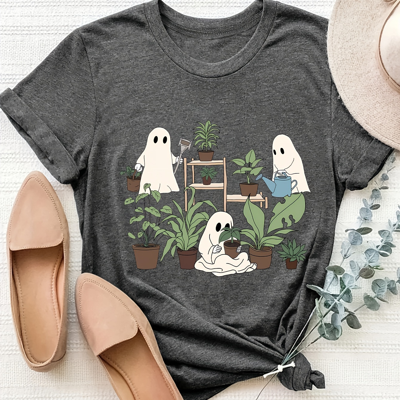

Ghost Potted Plant Print Cute T-shirt, Crew Neck Short Sleeve Top For Spring & Summer, Women's Clothing