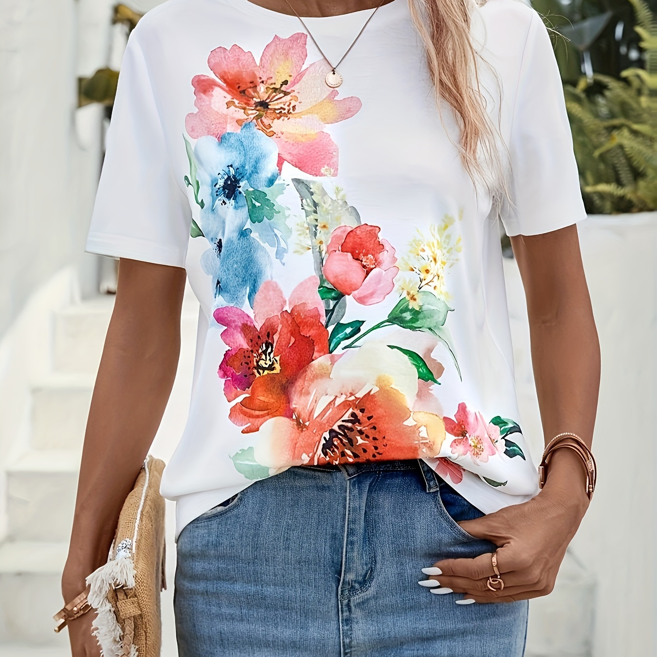 

Floral Print Crew Neck T-shirt, Vintage Short Sleeve Top For Spring & Summer, Women's Clothing