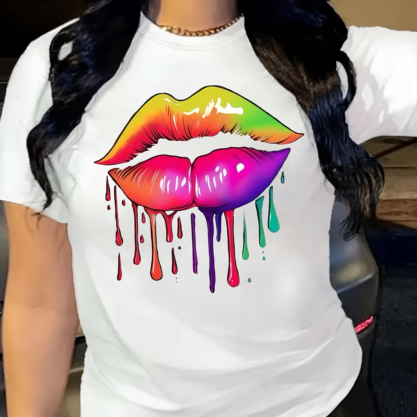 

Colorful Lips Print T-shirt, Short Sleeve Crew Neck Casual Top For Summer & Spring, Women's Clothing