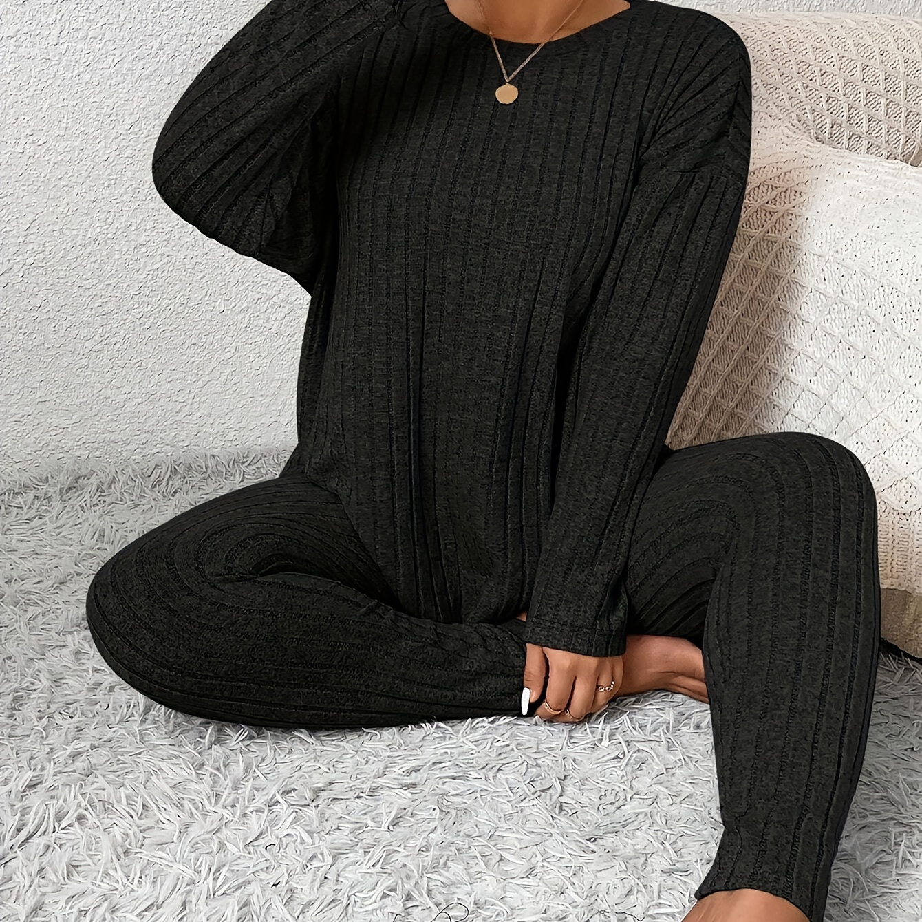 

Plus Size Basic Lounge Set, Women's Plus Solid Long Sleeve Ribbed Knit Top & Leggings Pajamas 2 Piece Set