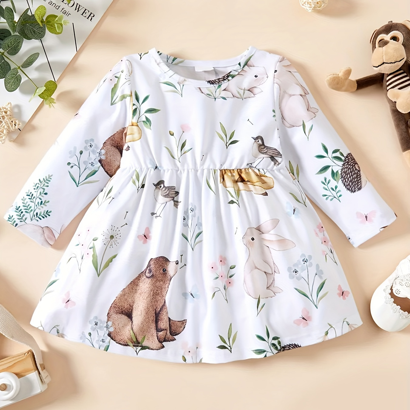 

Cute Baby Girl's Animal Print Dress, Kid's Pleated Long Sleeve Dress