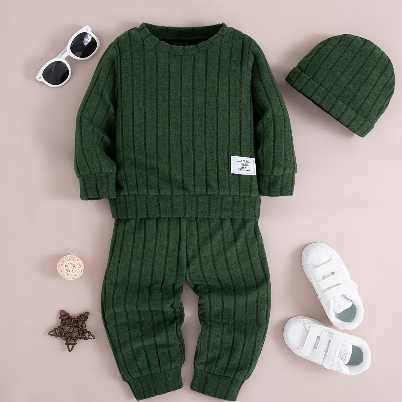 

Toddler Boys' Ribbed Long Top And Pants Set Matching Hat, For