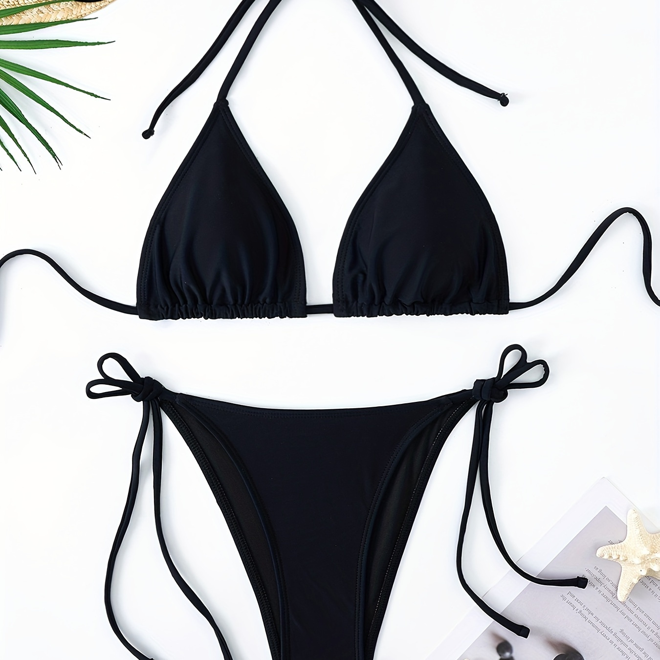 

Ensemble bikini triangle unicolore, maillots de bain à encolure halter et côtés à nouer haut coupés, maillots de bain et vêtements pour femmes