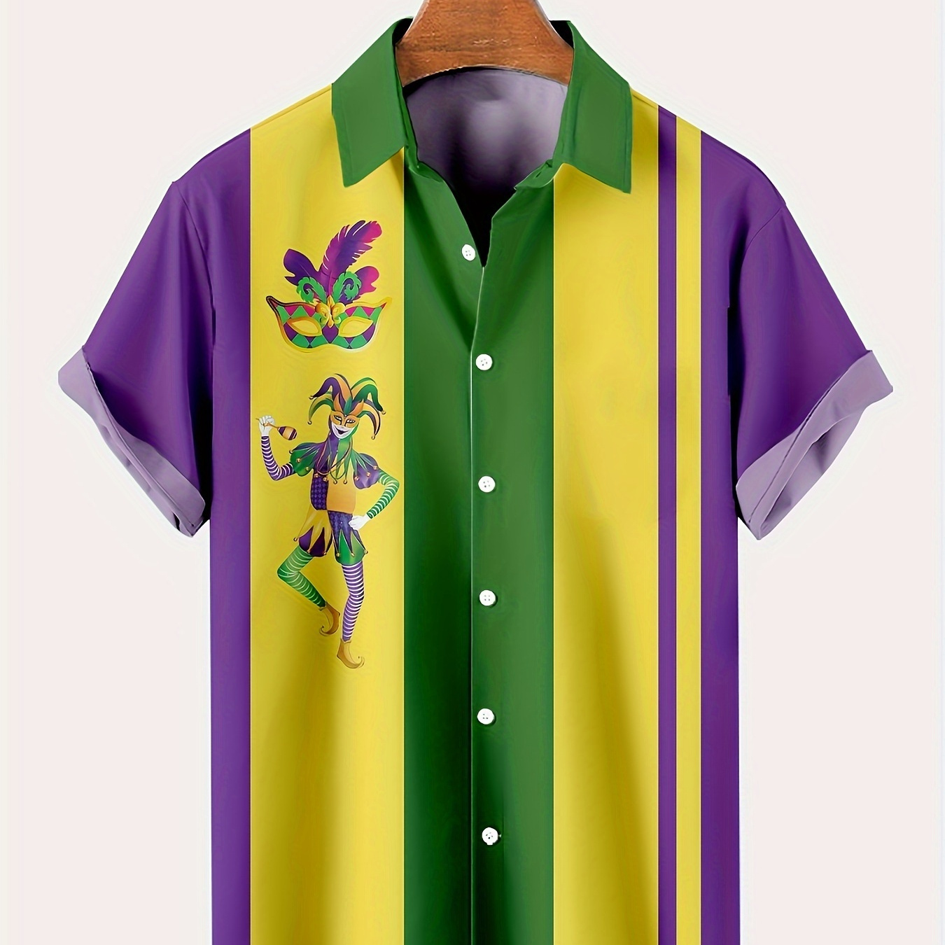 

Mardi Gras Carnival Themed Print Men's Color Block Short Sleeve Button Down Shirt For Summer