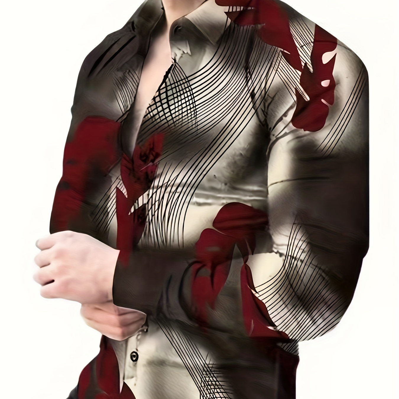 

Plus Size Men's Stripes & Vintage Pattern Print Shirt Slim Fit Shirt Cool For Males, Men's Clothing