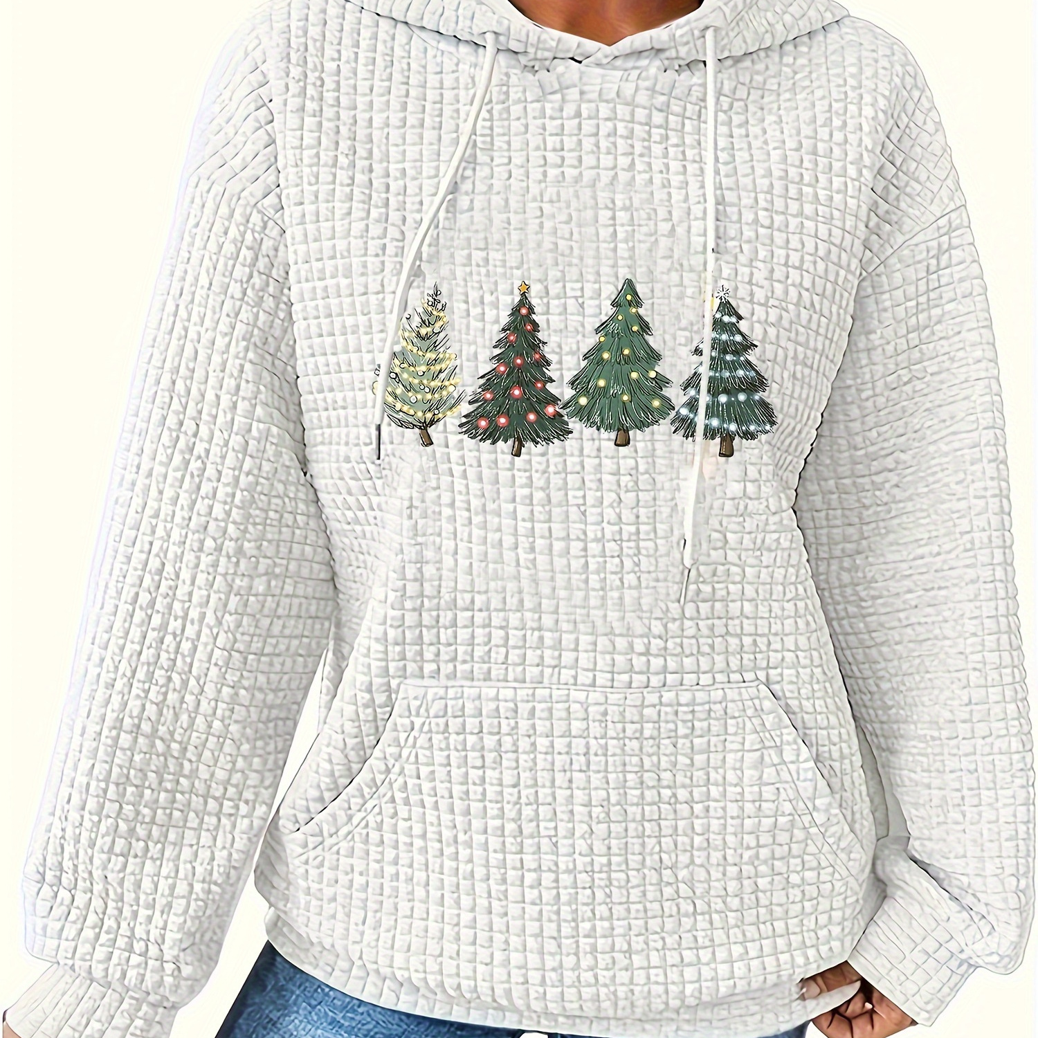 

Christmas Tree Print Waffle Drawstring Hoodie, Casual Long Sleeve Kangaroo Pocket Sweatshirt, Women's Clothing