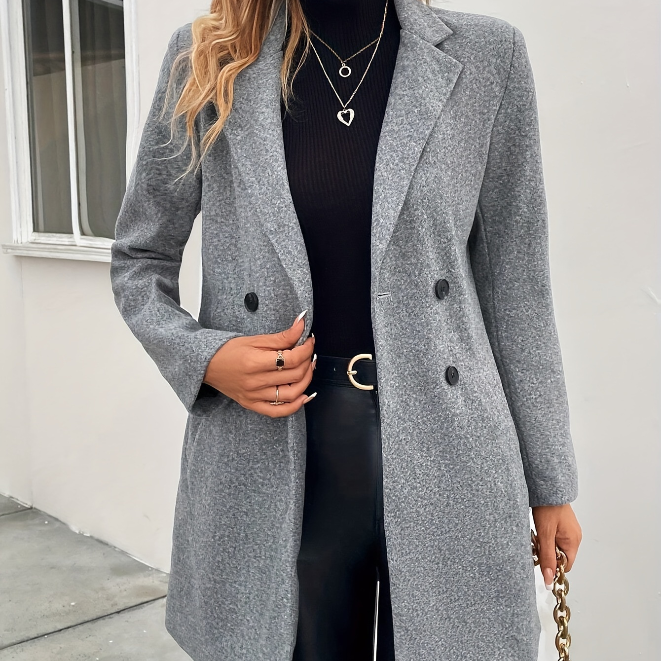 

Double Breasted Lapel Collar Overcoat, Elegant Long Sleeve Mid-length Outerwear For Fall & Winter, Women's Clothing