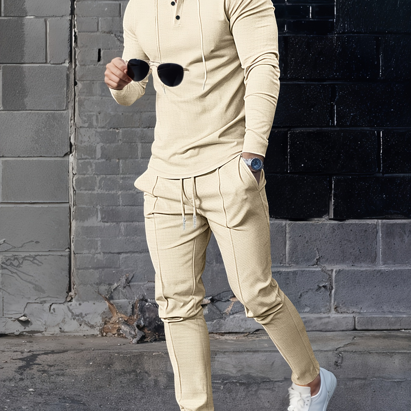 

Men's Casual 2-piece Outfit, Solid Color Hooded Sweatshirt & Drawstring Pants Set, Breathable Comfy Sports Set