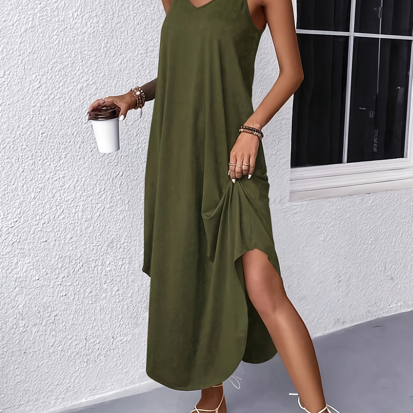 

Solid V-neck Loose Cami Dress, Versatile Sleeveless Spaghetti Strap Dress For Summer, Women's Clothing