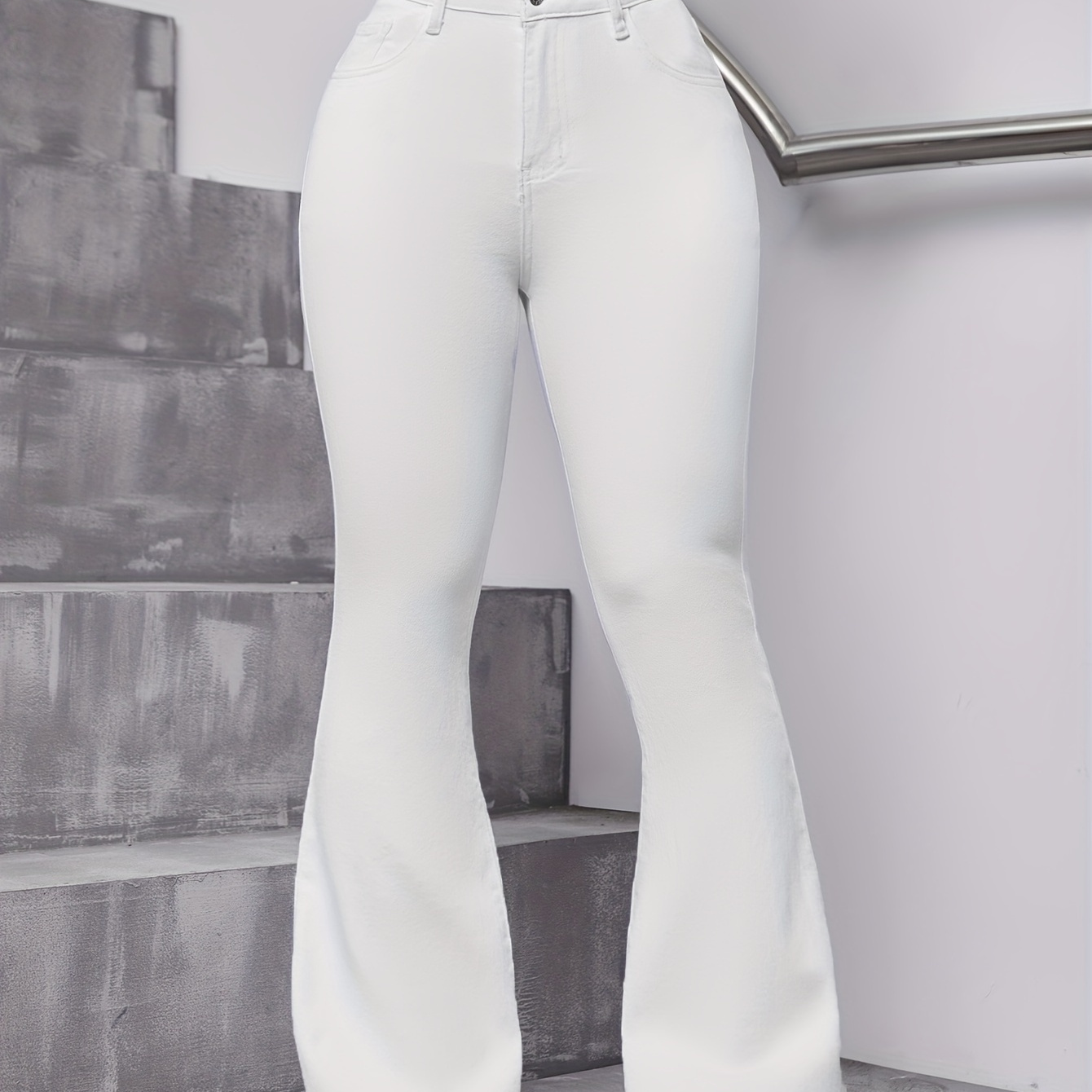 

High-waisted Elegant White Stretchy Slim Fit Women's Flared Jeans, Fashionable Versatile Bell-bottom Pants For Ladies