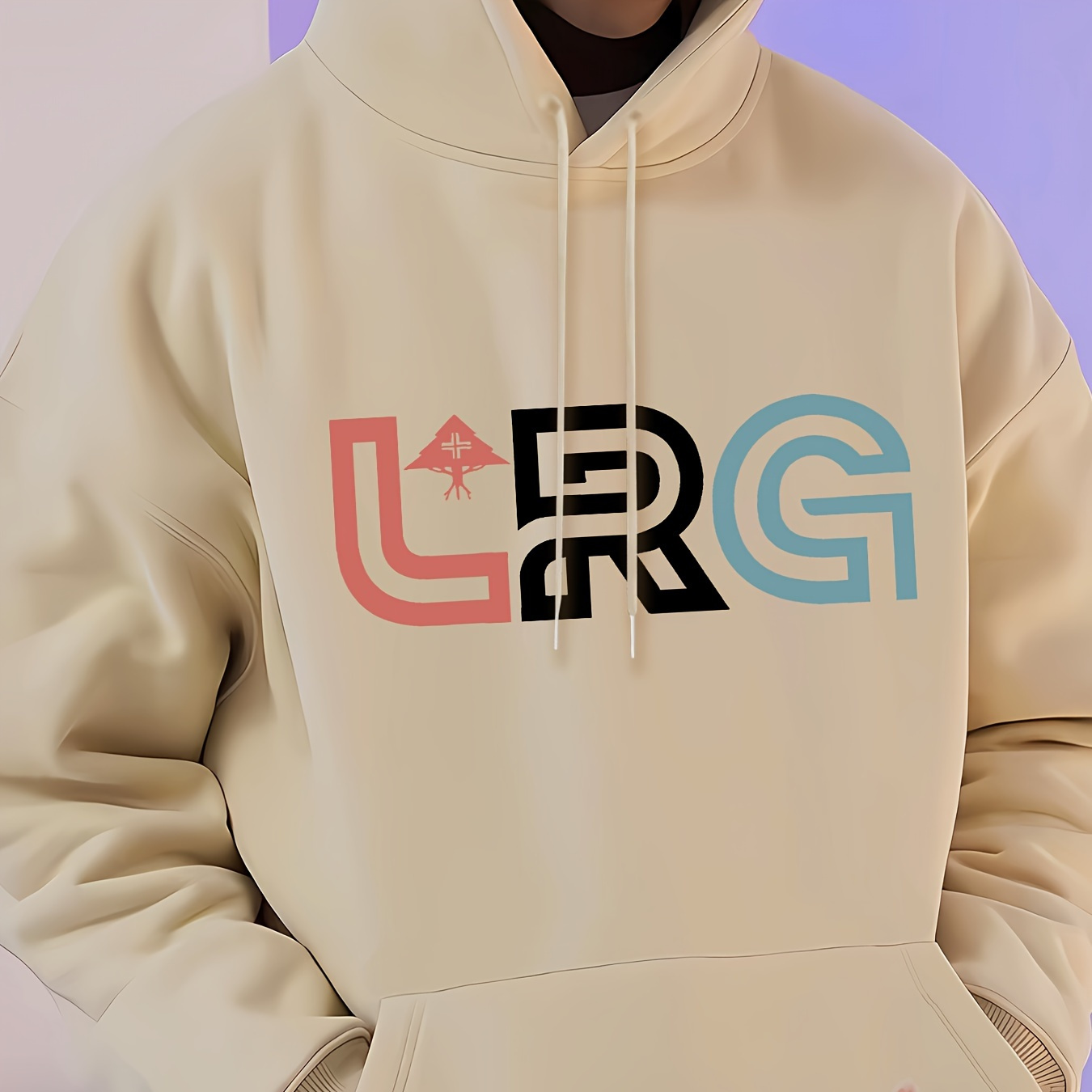 

Lrg Print Kangaroo Pocket Hoodie, Casual Long Sleeve Hoodies Pullover Sweatshirt, Men's Clothing, For Fall Winter