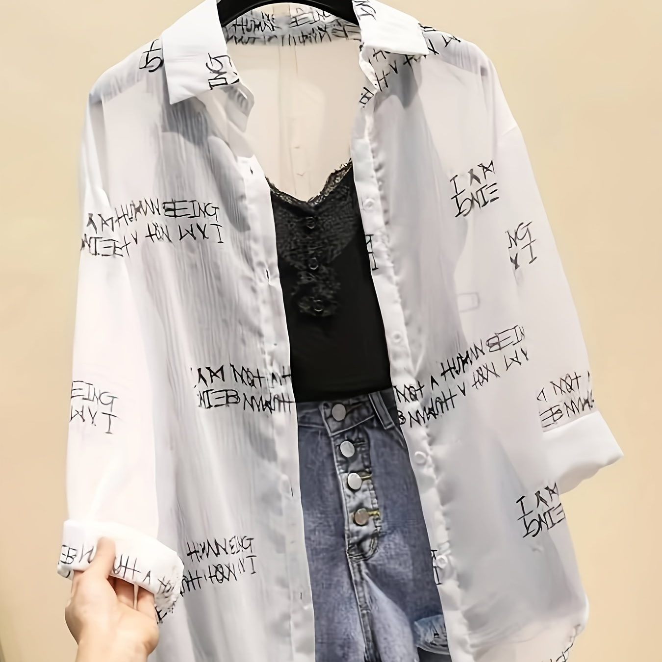 

Letter Print Button Front Shirt, Vintage Long Sleeve Collar Shirt, Women's Clothing