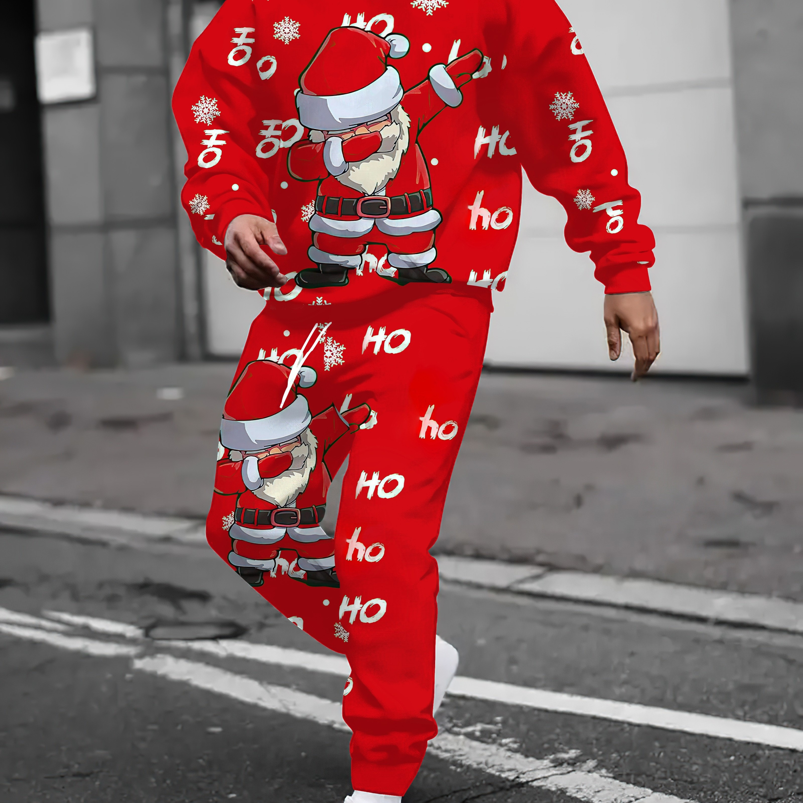 

2pcs Men's Christmas Santa Print Hooded Sweatshirt And Drawstring Pocket Joggers, Casual Polyester Spandex Tracksuit, Regular Fit, With Slight Stretch, For Fall/winter Season, Ideal Gift