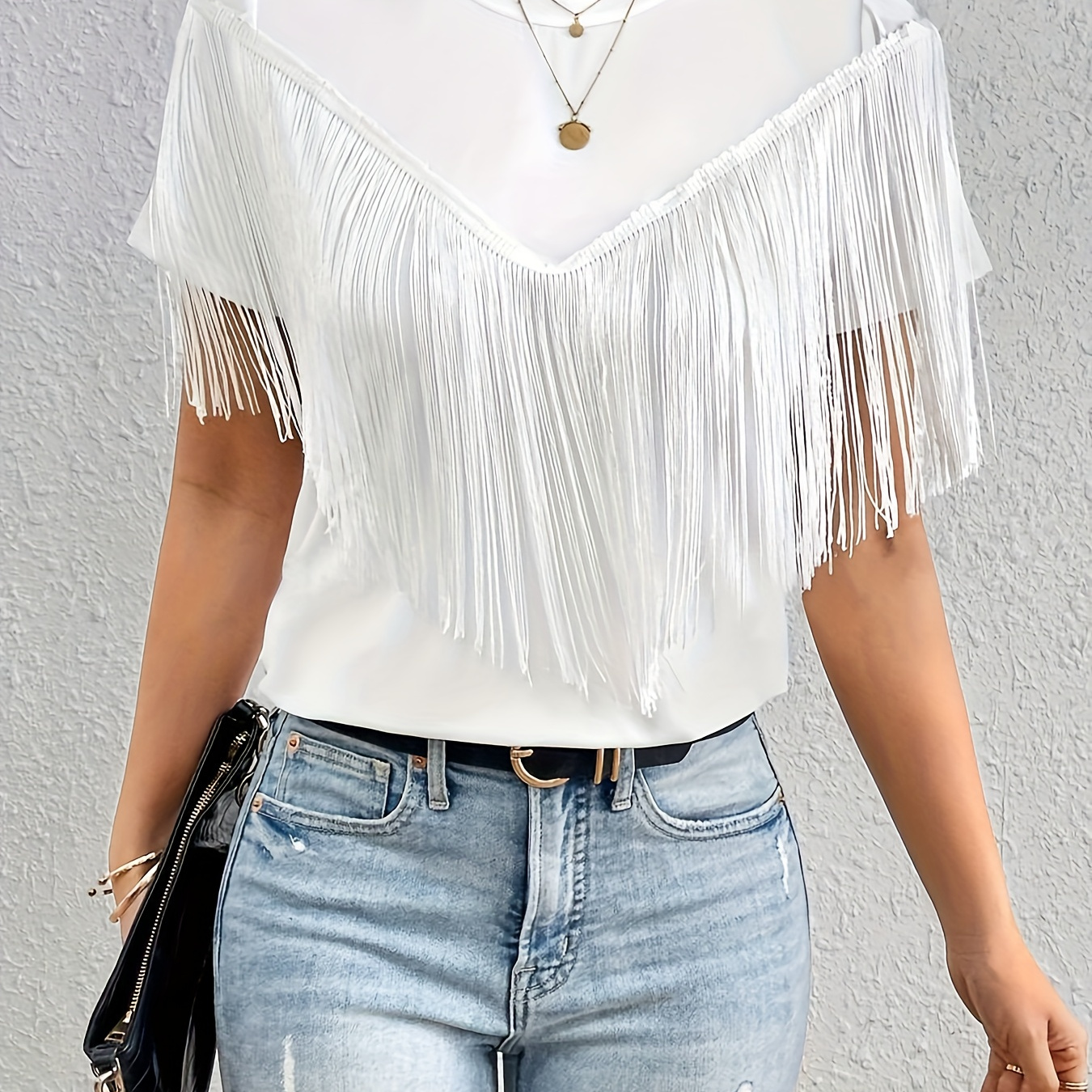 

Solid Color Crew Neck T-shirt, Elegant Tassel Short Sleeve T-shirt For Spring & Summer, Women's Clothing