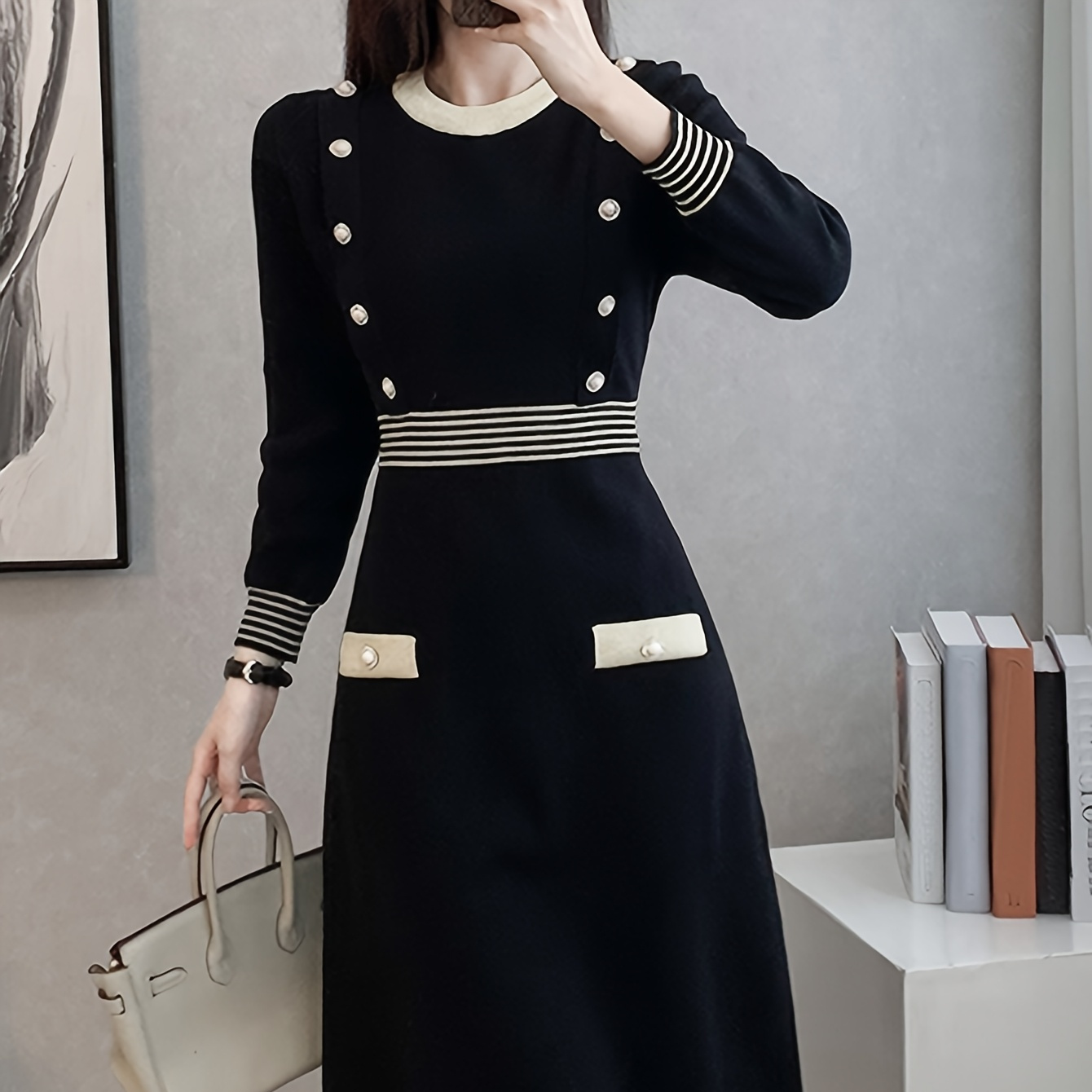 

Vintage Long Sleeve Crew Neck Midi Knit Dress - Vintage-inspired, Stretchy Acrylic For Women, Fall/winter