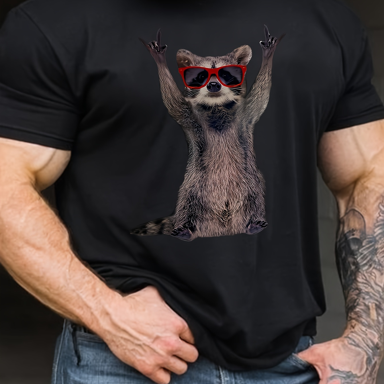 

Hip-hop Raccoon Creative Print Stylish T-shirt For Men, Casual Summer Top, Comfortable And Fashion Crew Neck Short Sleeve, Suitable For Daily Wear