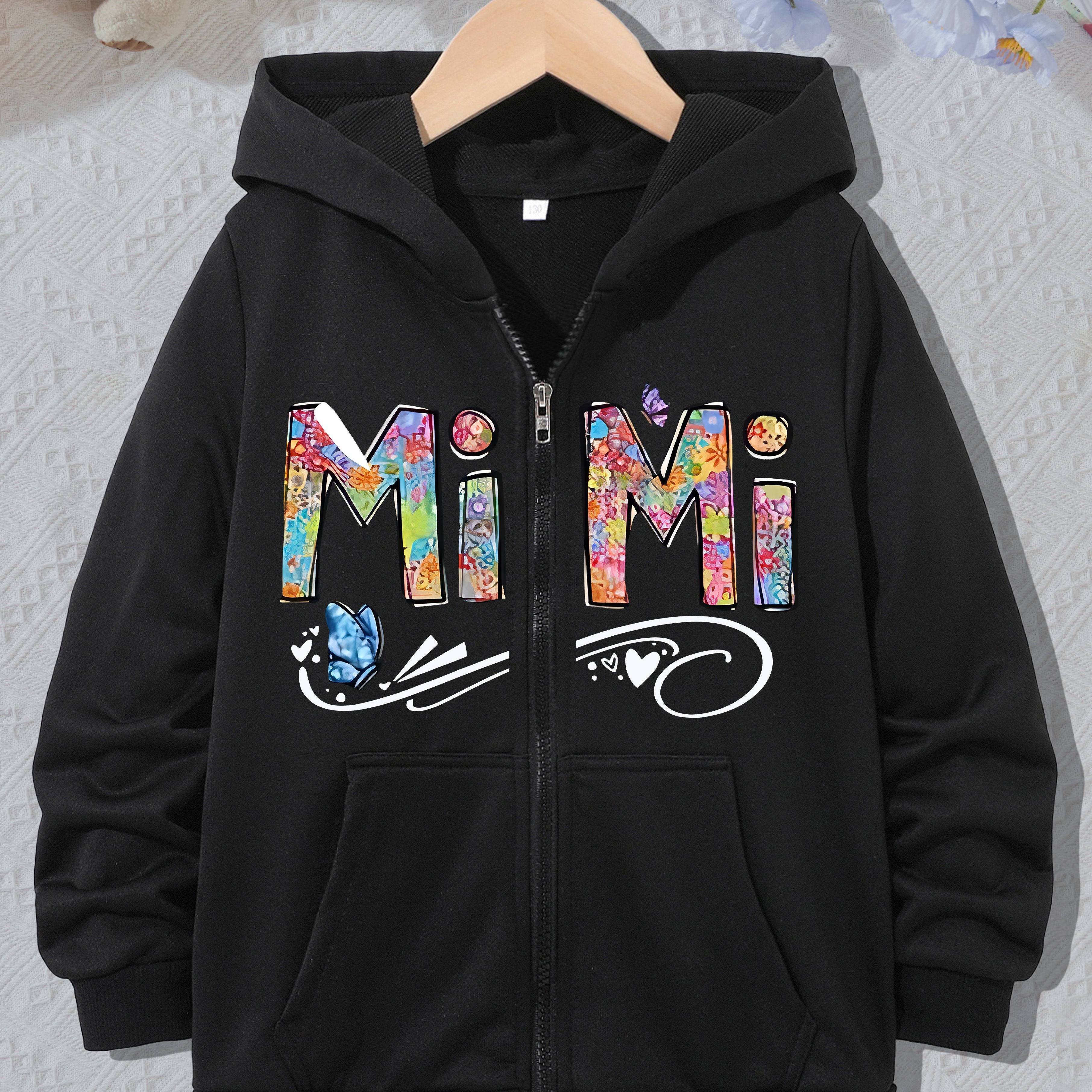 

Girl's Fashion Zip-up Hoodie With Cartoon Butterfly & Mimi Letter Print, Casual Versatile Long Sleeve Pullover Sweatshirt With Hood