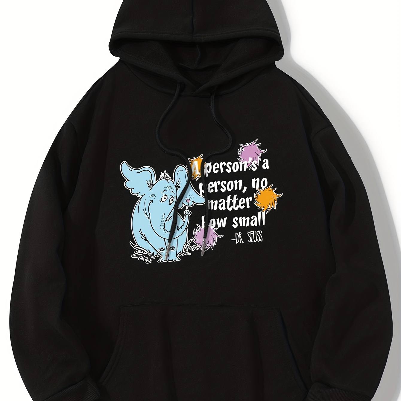 

Plus Size Casual Sweatshirt, Women's Plus Slogan & Elephant Print Long Sleeve Drawstring Hooded Sweatshirt With Pockets