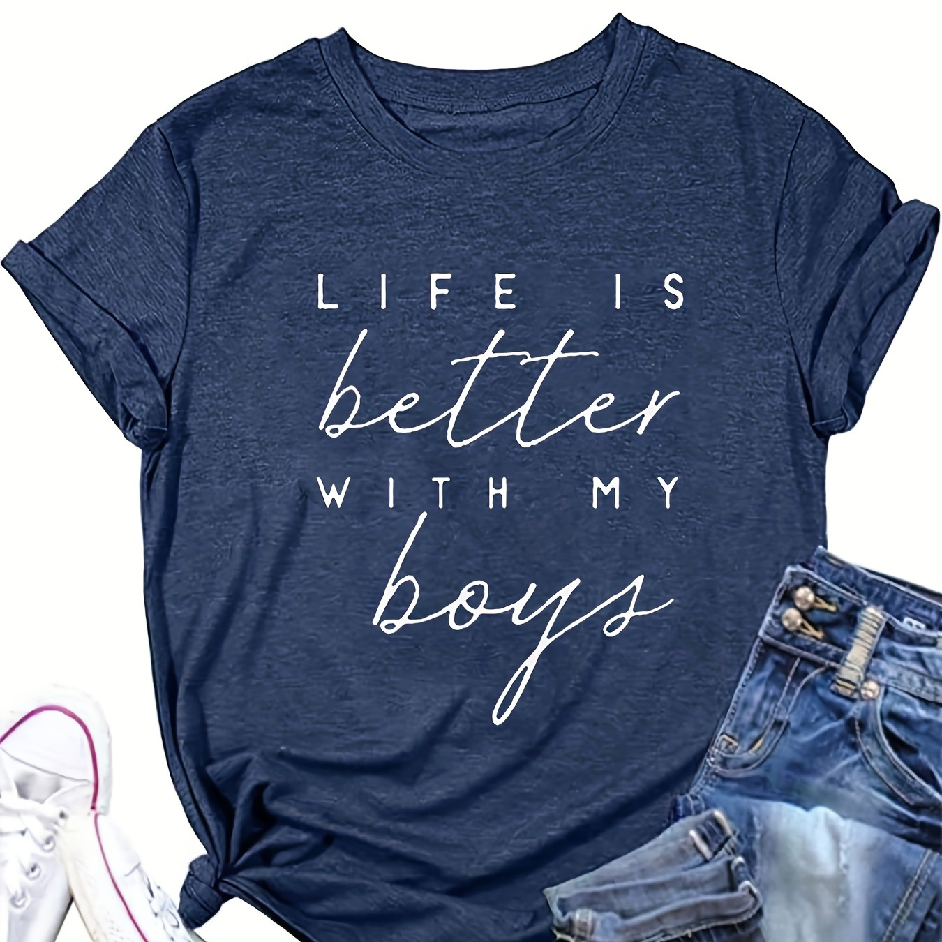 

Letter Print Crew Neck T-shirt, Casual Short Sleeve Top For Spring & Summer, Women's Clothing