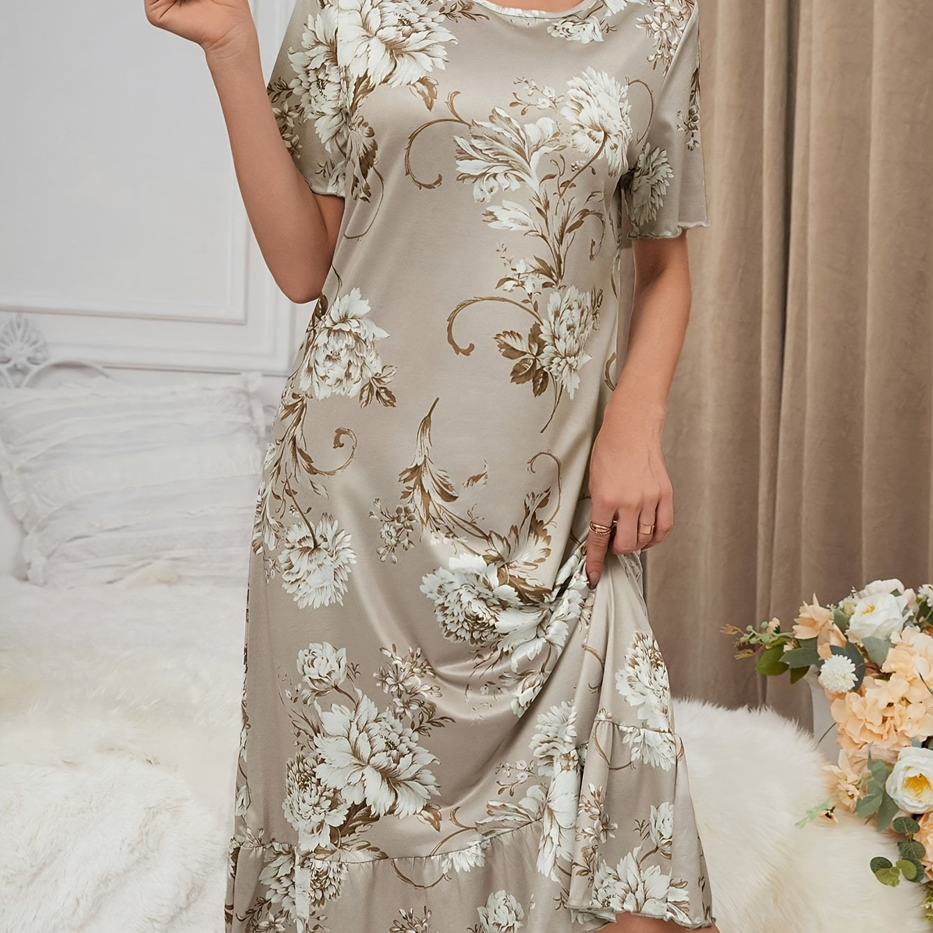 

Women's Floral Print Casual Sleepwear Dress, Short Sleeve Round Neck Ruffle Hem Midi Dress, Comfortable Nightgown