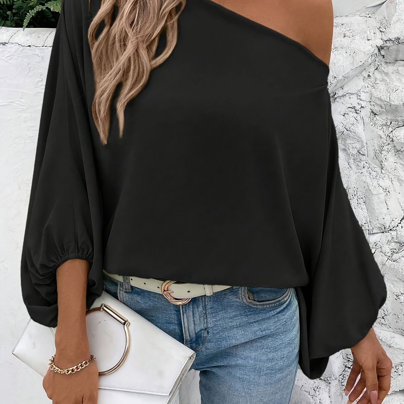 

Elegant One-shoulder Blouse For Women - 100% Polyester Solid Color Strapless Long Sleeve Shirt - Spring/summer/fall Woven