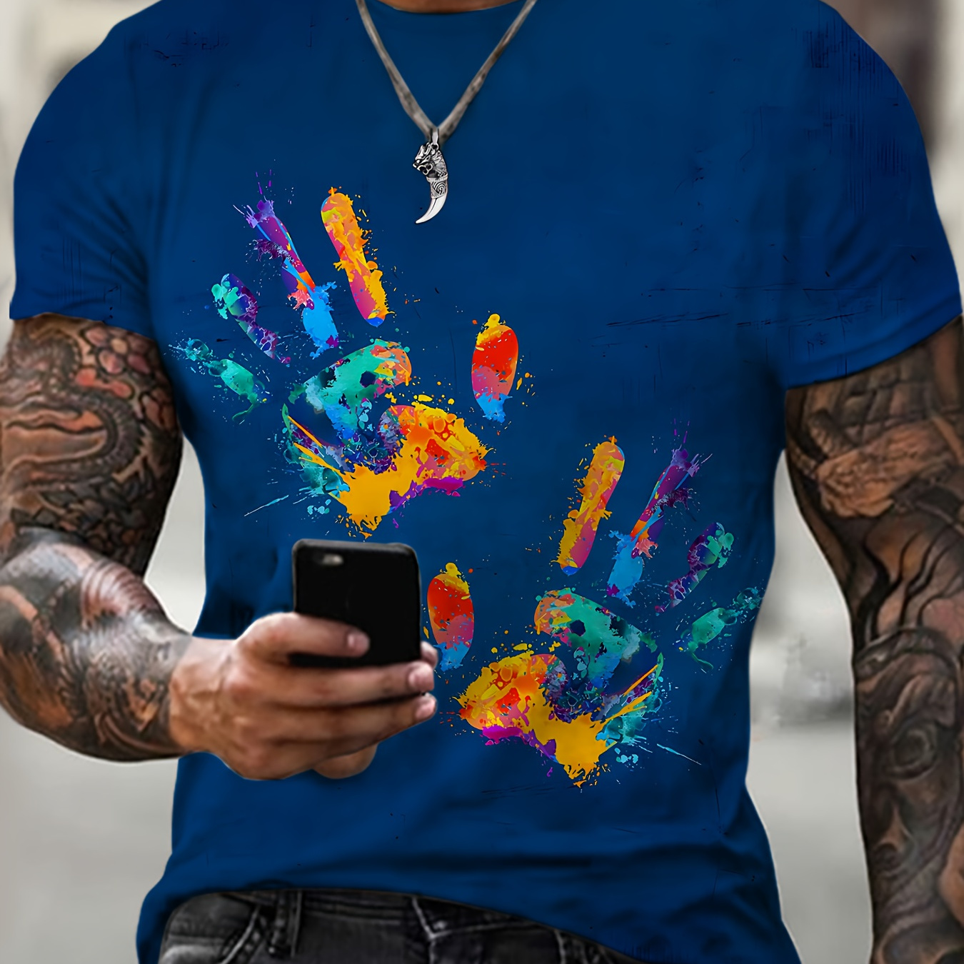 

Plus Size T-shirt For Men, Colorful Palms Graphic Print Short Sleeve Tees For Males, Summer Trendy Casual Tops