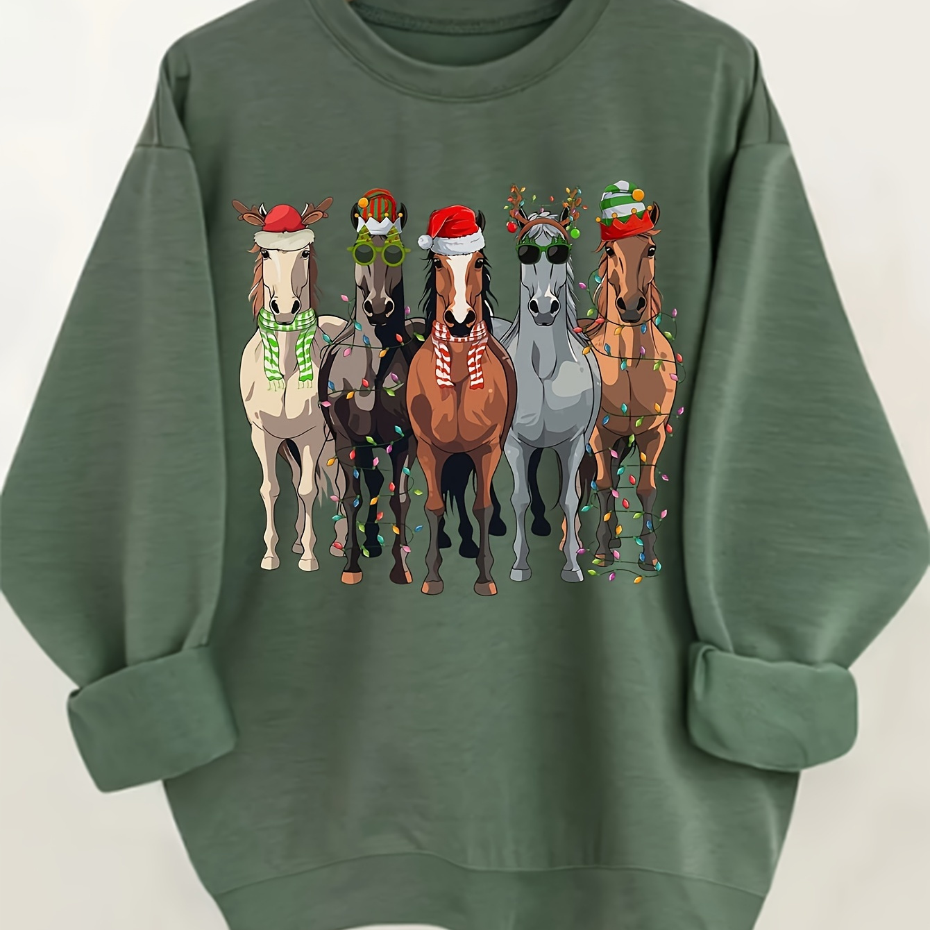 

Horse Print Pullover Sweatshirt, Christmas Long Sleeve Crew Neck Sweatshirt For Fall & Winter, Women's Clothing