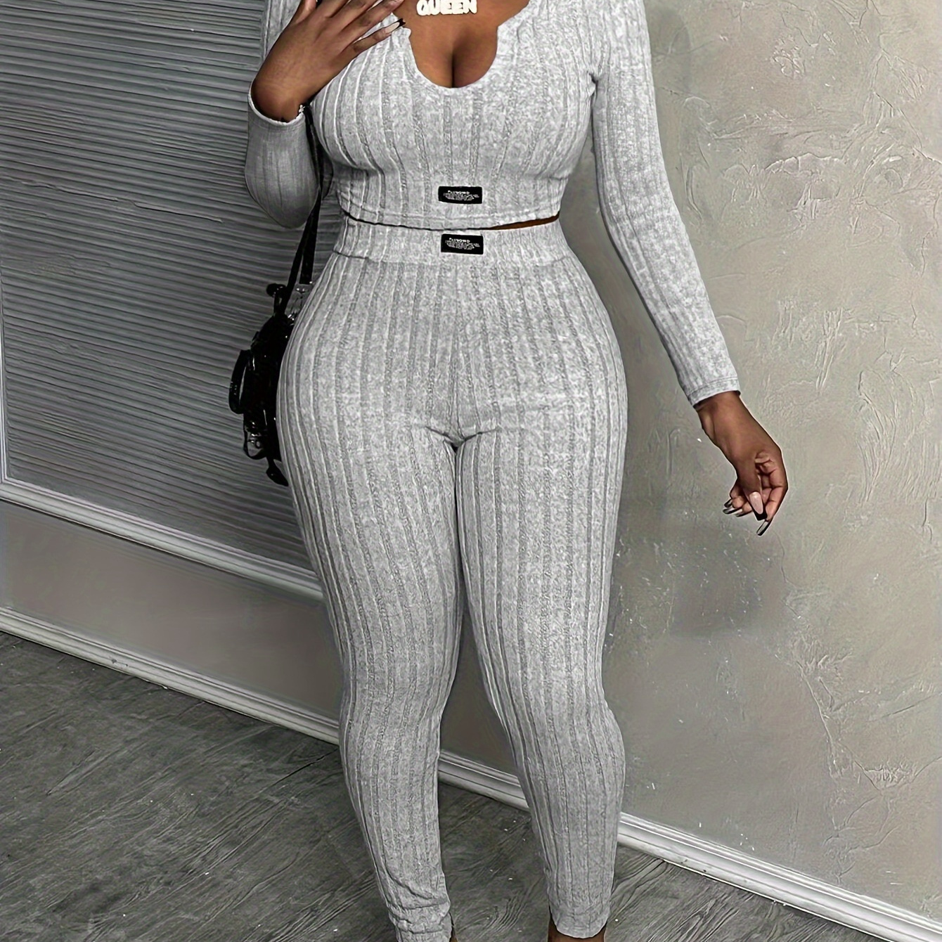 

Ribbed Pantsuits, Notched Top & Waist Pants Outfits, Women's Clothing