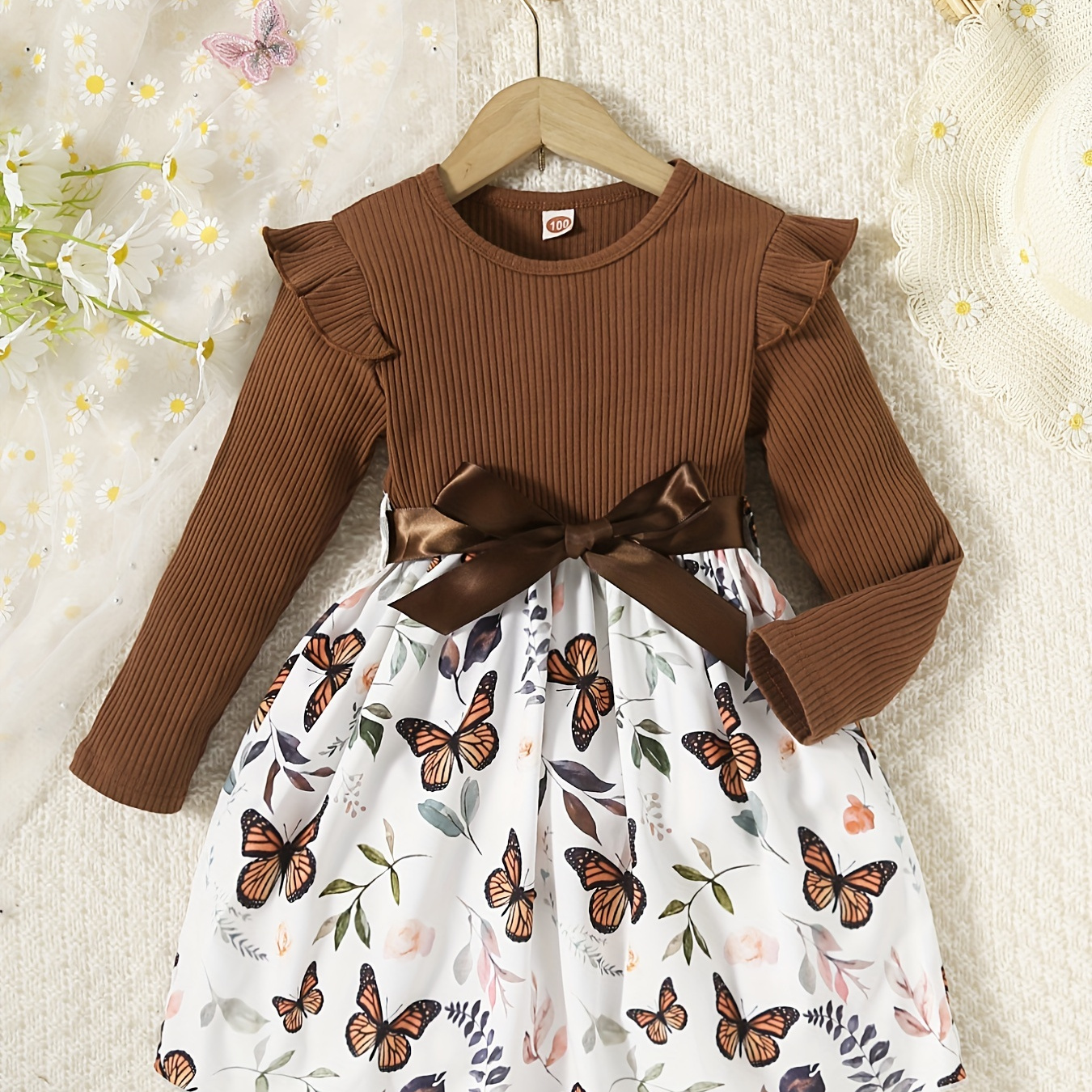 

Girls Pullover Butterfly Print Ribbed Long Sleeve Casual Dress For Spring Autumn Outfit