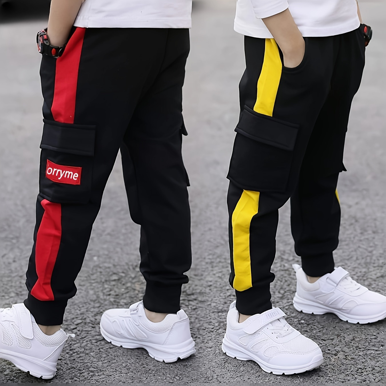 

2pcs Boy's Color Block Sweatpants, Flap Pocket Elastic Waist Comfortable Pants For Outdoor Activities