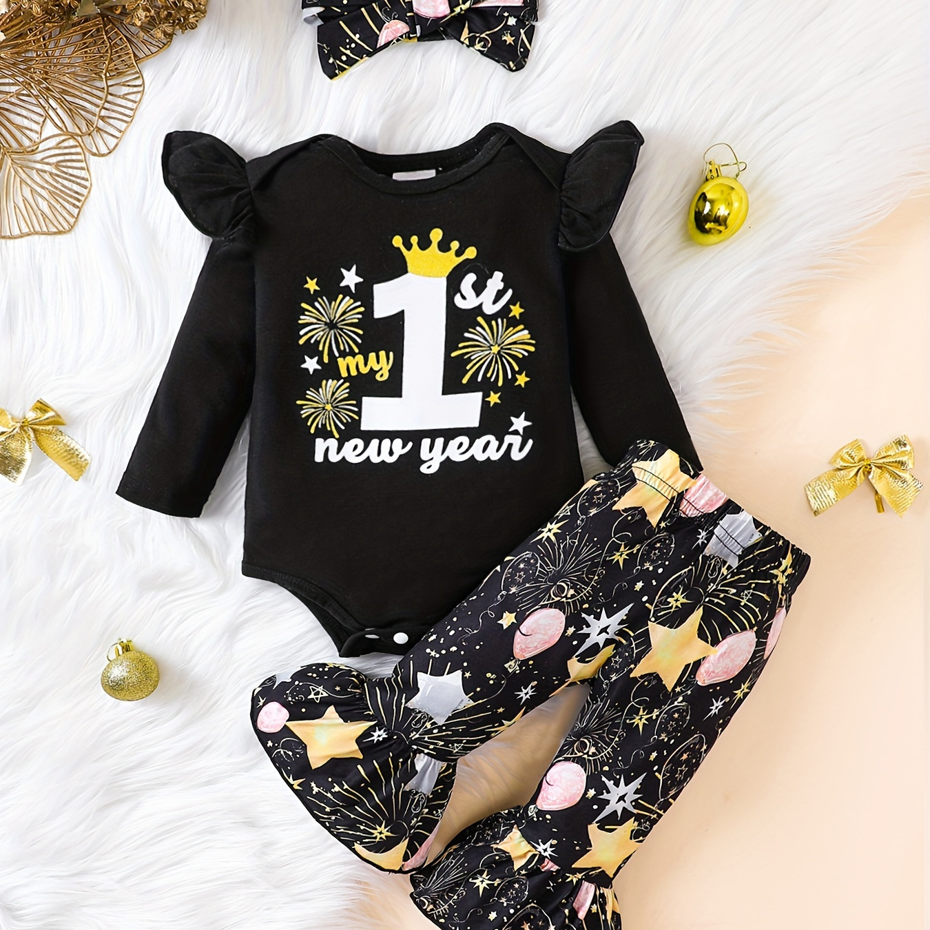 

New Baby Girl Letter My First New Year Print Romper + Full Print Flare Pants+headband 3 Piece Set