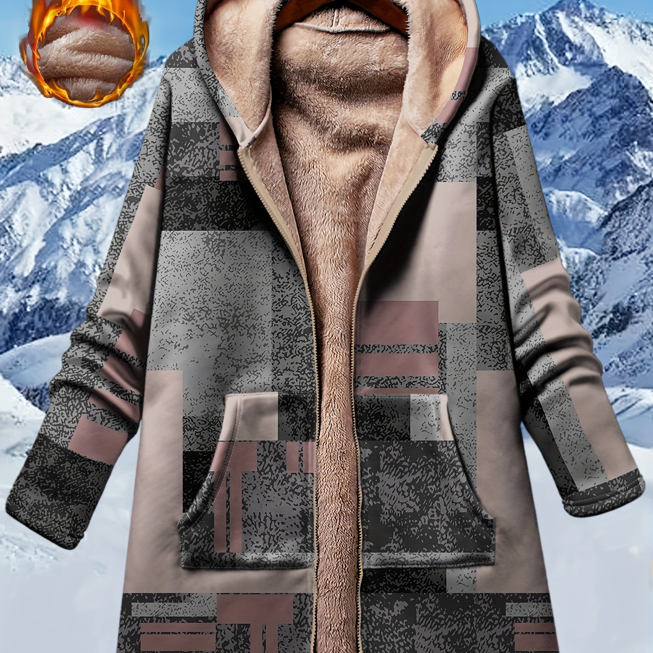 

1pc 's Plus Size Pattern Hooded - Fleece Lined Knit ,