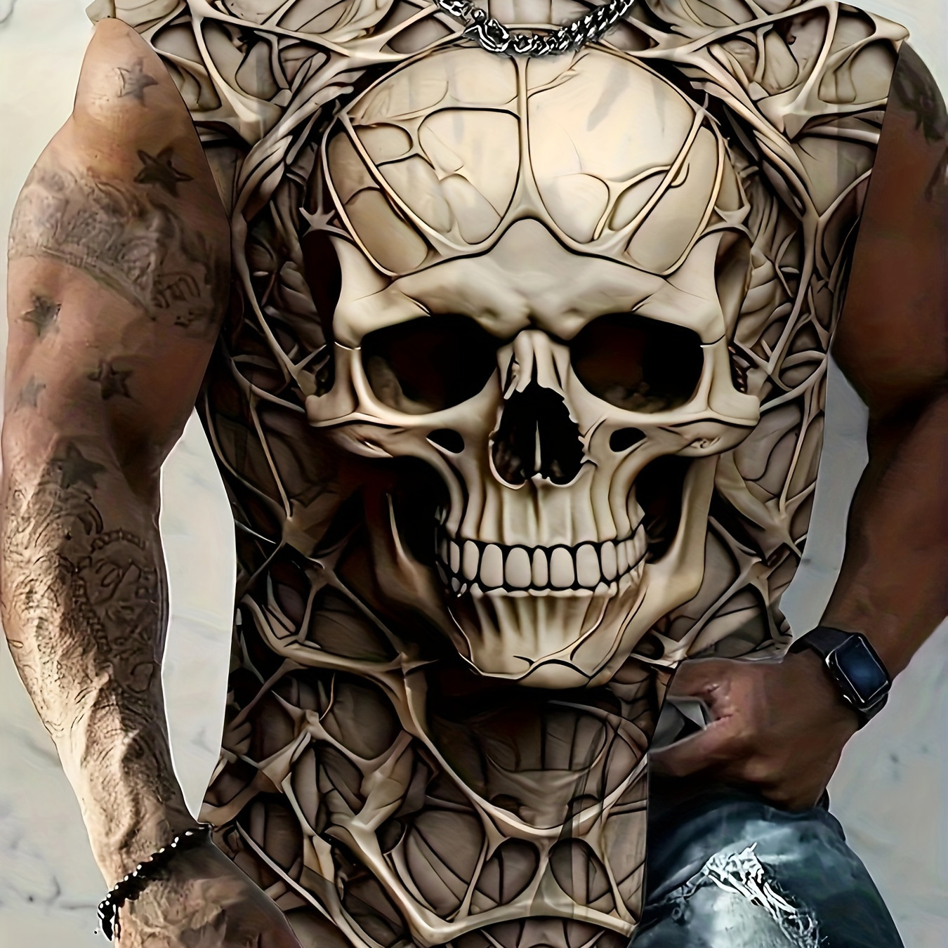 

Men's Skull Print Sleeveless Vest, Polyester Casual Crew Neck Slight Stretch Summer Fitness Training Basketball Sports Vest, Plus Size