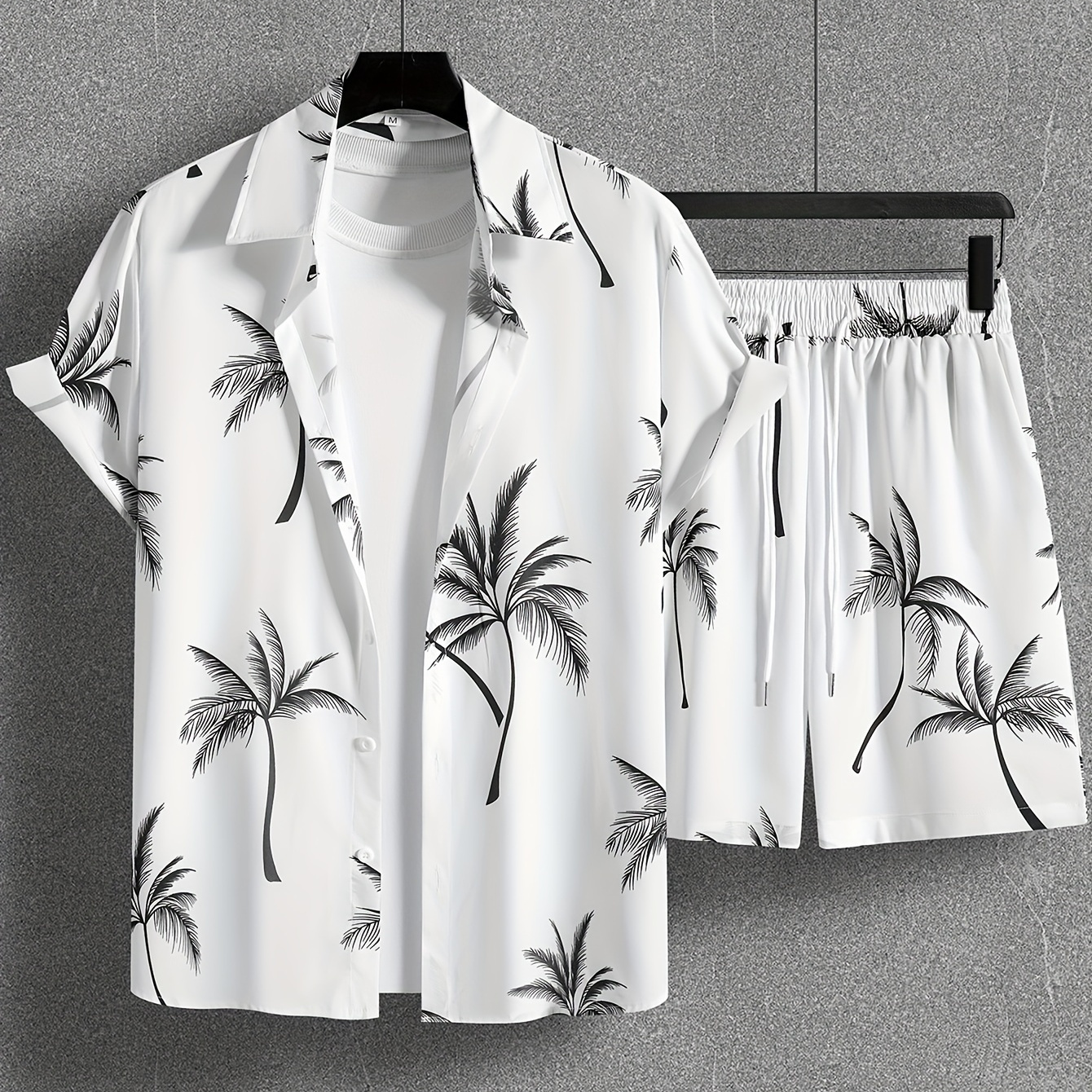 

Coconut Tree Print, Men's 2pcs Outfits, Casual Camp Collar Lapel Button Up Short Sleeve Shirts Hawaiian Shirt And Drawstring Shorts Set For Summer, Men's Clothing