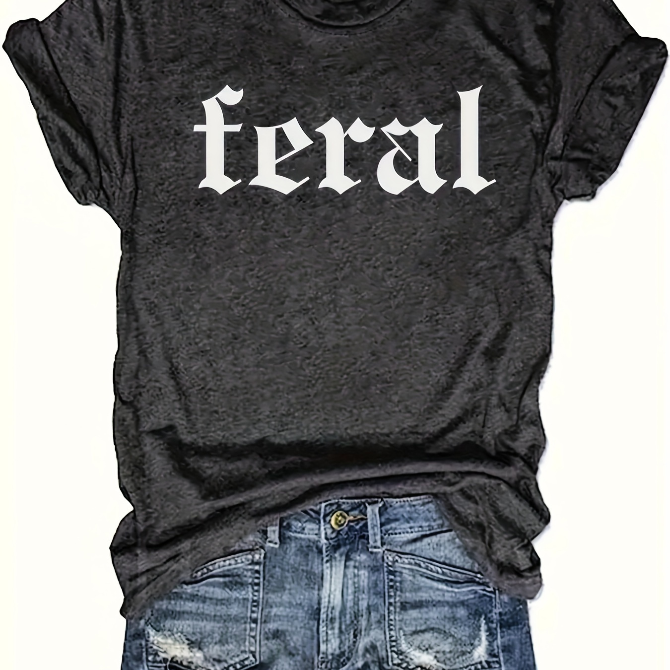 

1pc Women's Casual Jersey T-shirt With "feral" Letter Print, Short Sleeve Crew Neck, Knit Fabric Top For All , Polyester 65%, Rayon 30%, Spandex 5%