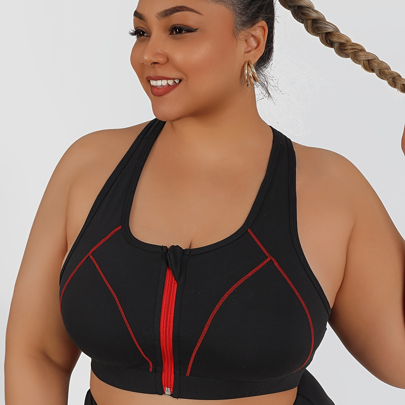 

Front Zip Sports Bra High Support Contrast Stitching Fitness Bra Color Block Women's Plus Size Yoga Bra