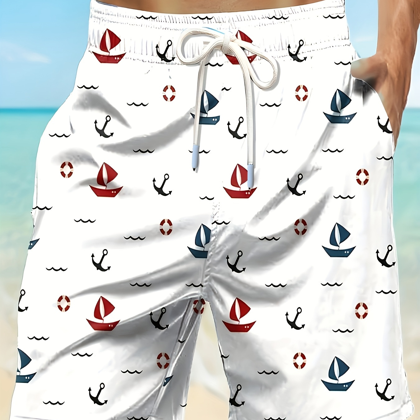 

Men's Casual Geometric-patterned Board Shorts - 100% Polyester Non-stretch Woven Fabric, Fit Adult Beachwear