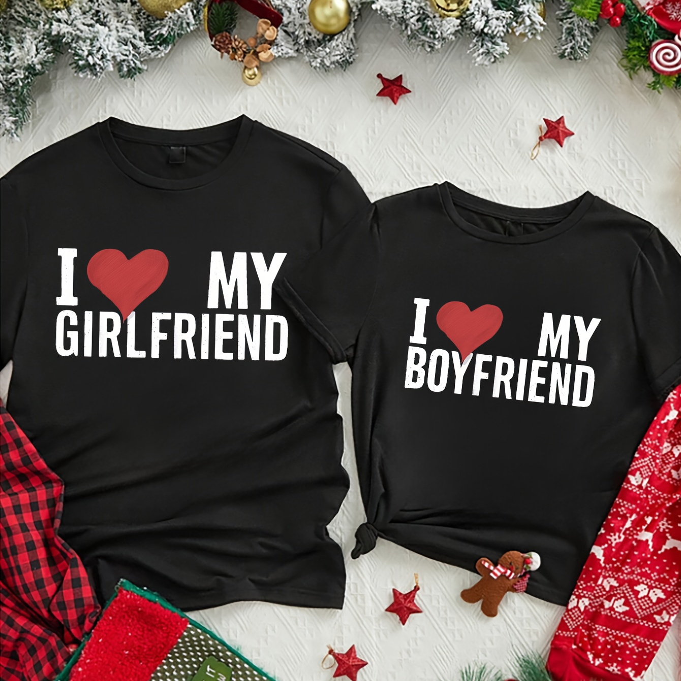 

i Love My Boyfriend/girlfriend" Couple T-shirt - Casual Round Neck, Geometric Pattern, Polyester And Spandex , Machine Washable, 02a