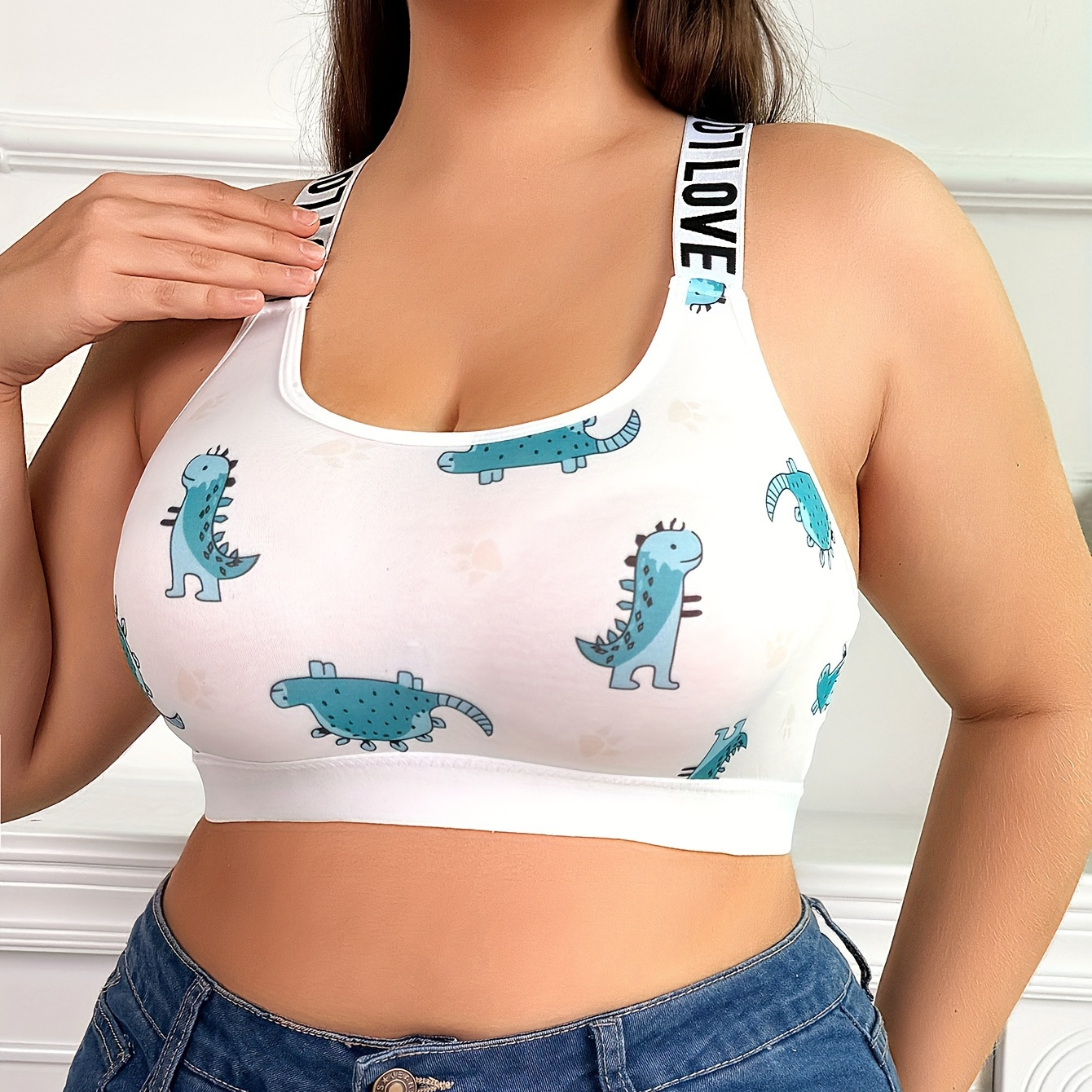 

Women's Sports Bra, Plus Size Cute Dinosaur Print Letter Tape Racer Back Fitness Tank Bra