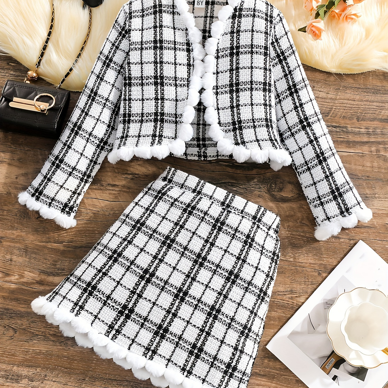 

Plaid Outfits Girls Elegant Sets Ruffle Trim Cardigan + Skirt Set Fall Clothes Gift