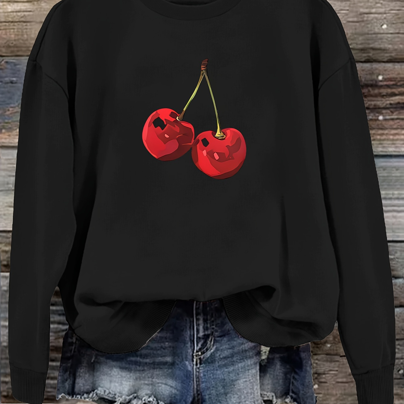 

Cherry Print Sweatshirt, Crew Neck Casual Sweatshirt For Fall & Spring, Women's Clothing