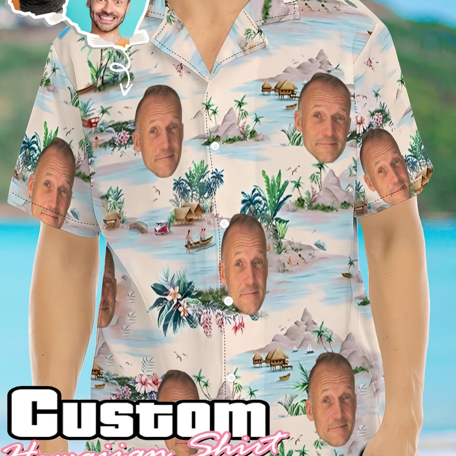 

Custom Personalized Photo Hawaiian Geometric Print Men's Summer Fashionable And Simple Short Sleeve Button Casual Lapel Simple Shirt, Trendy And Versatile, Suitable For Dates, Beach Holiday, As Gifts