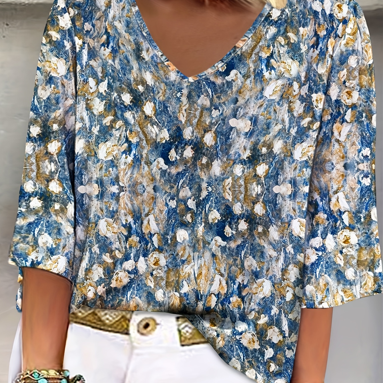 

Size Floral V-neck Blouse For Women - Mid Sleeve, Stretchy Polyester , Spring/summer/fall, Plus Size Blouses