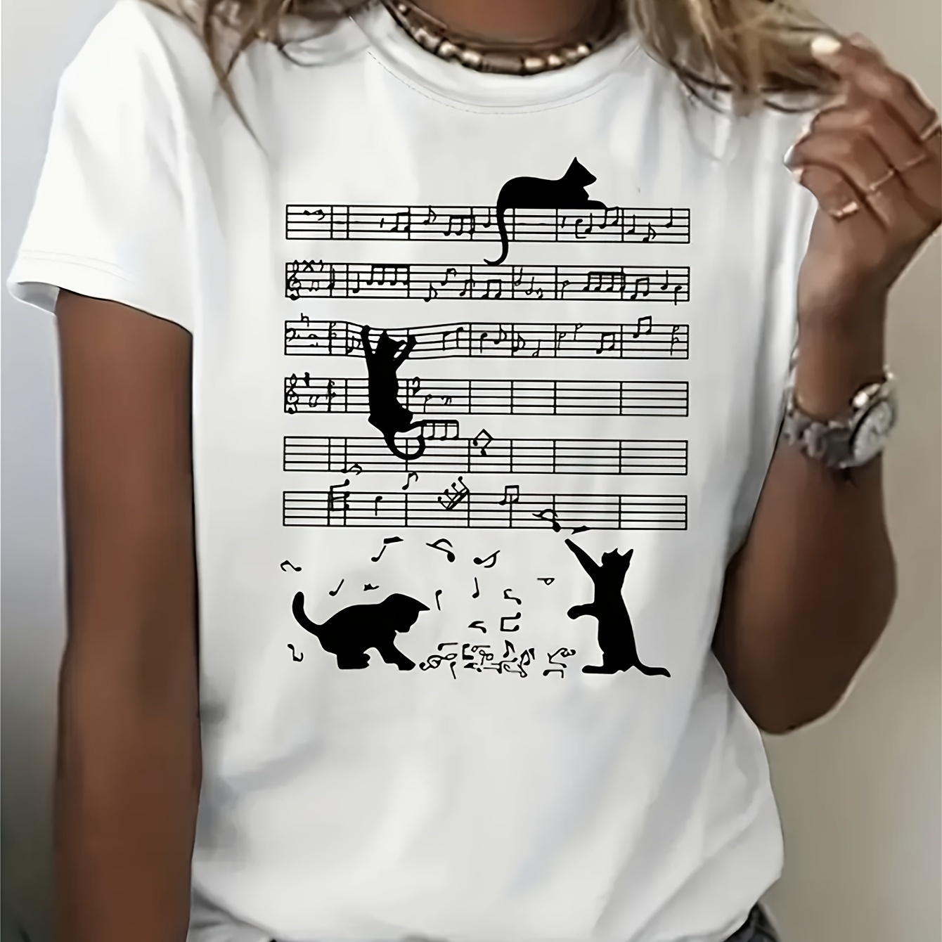 

Women's Cat Neck Short Sleeve T-shirt For Summer And Spring Casual Tops