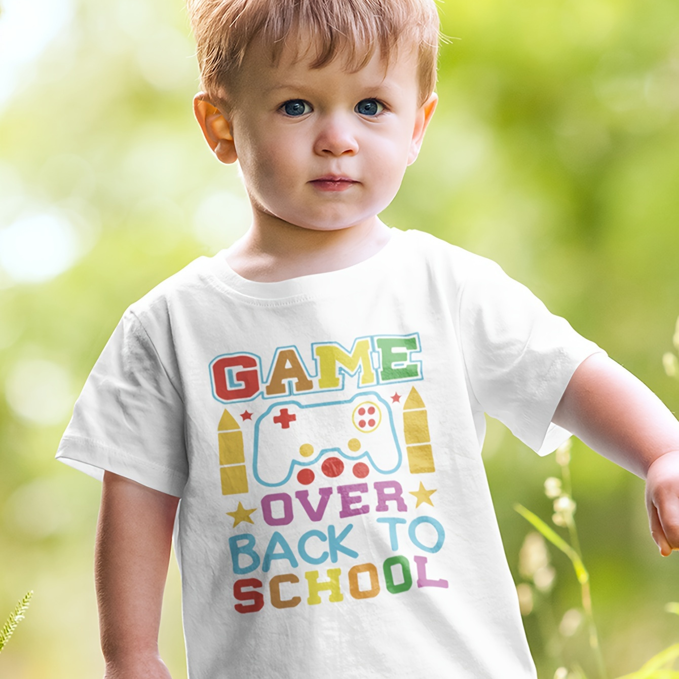 

game Over Back To School" Cartoon Letter Print T-shirt- Engaging Visuals, Casual Short Sleeve T-shirts For Boys - Cool, Lightweight And Comfy Summer Clothes!